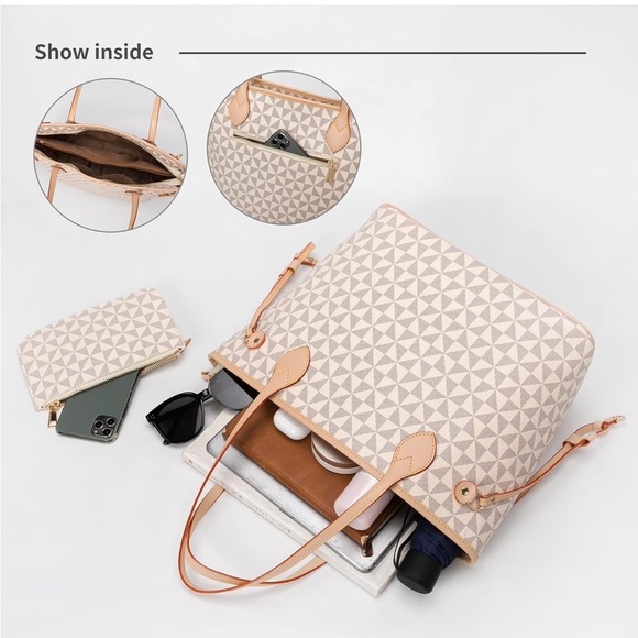 Geometric Patterned Tote Bag - Cream and Tan - Picture 5 of 5